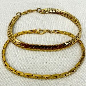 14K Gold Plated Bracelets Set of 2 Herringbone Snake Chain Style